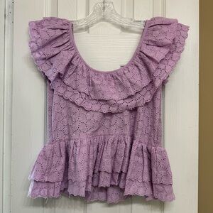 House of Harlow 1960 Eyelet Lace Ruffled Top With Shirred Back Peplum Hem Size S